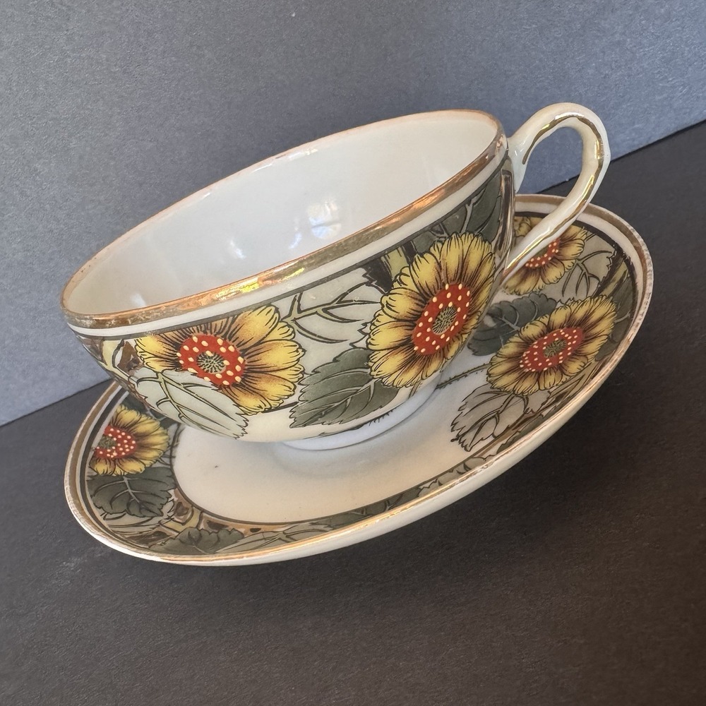 Antique Nippon Hand Painted Porcelain Cup & Saucer – Floral with Gold Moriage